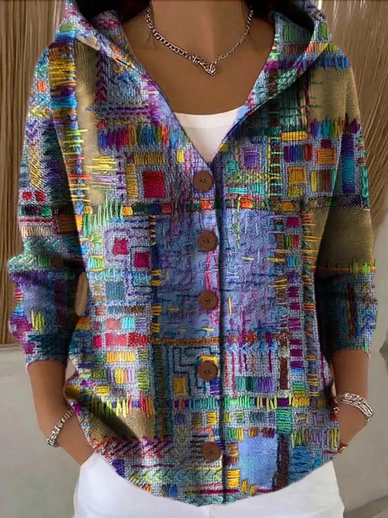 Women's Abstract Print Hooded Button Cardigan