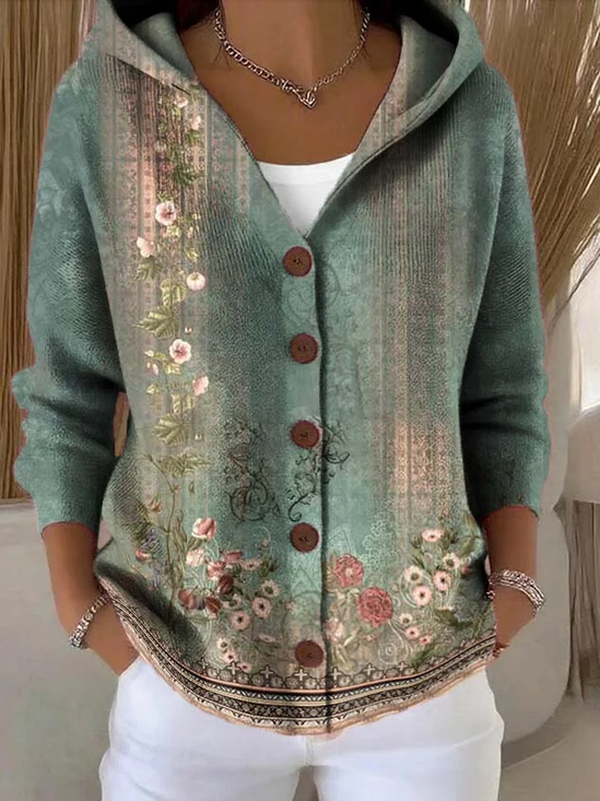 Women's Floral Print Hooded Button Cardigan