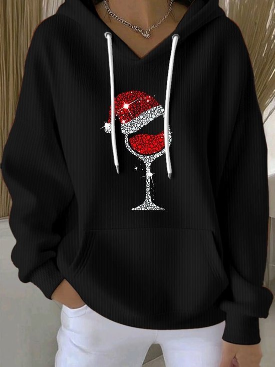 Women's Wine Glass Christmas Hat Print Hooded Sweatshirt