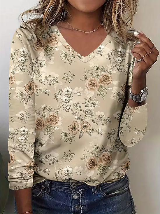 Women's Long Sleeve T-shirt Spring/Fall Apricot Floral Printing Jersey V Neck Daily Going Out Casual Top