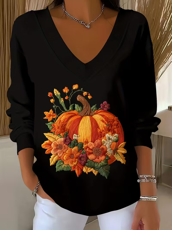 Women's Long Sleeve T-shirt Spring/Fall Black Halloween (pumpkin) Printing V Neck Daily Going Out Casual Top