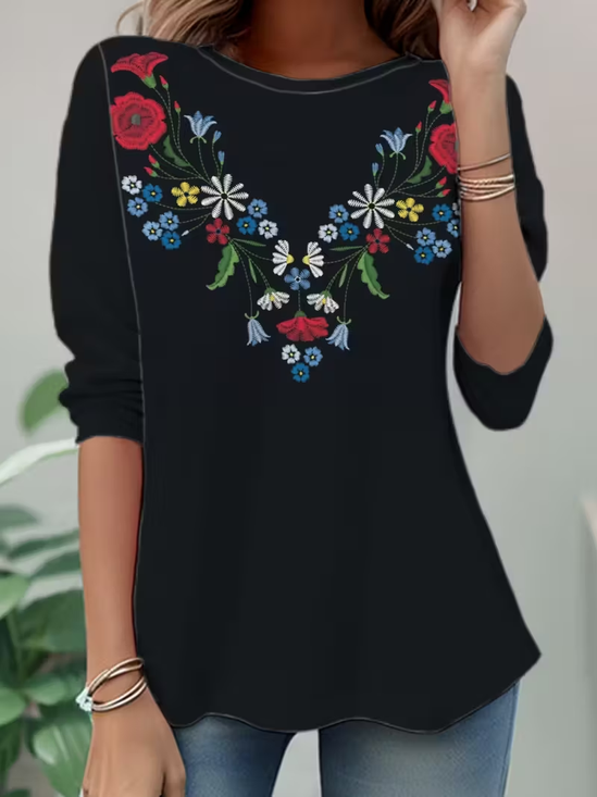 Women's Long Sleeve T-shirt Spring/Fall Black Floral Jersey Crew Neck Daily Going Out Casual Top
