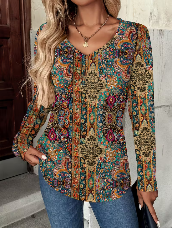 Women's Long Sleeve T-shirt Spring/Fall As Picture Abstract Printing Jersey V Neck Daily Going Out Casual Top