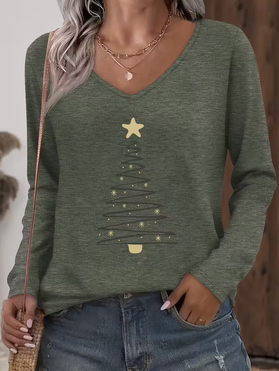 Women's Long Sleeve T-shirt Spring/Fall Green Christmas Printing Jersey V Neck Daily Going Out Casual Top