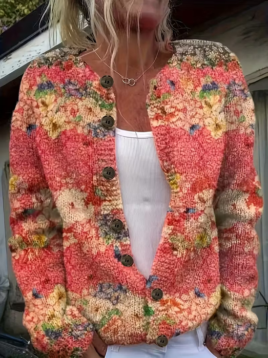 Women's Floral Print Crew Neck Button Cardigan