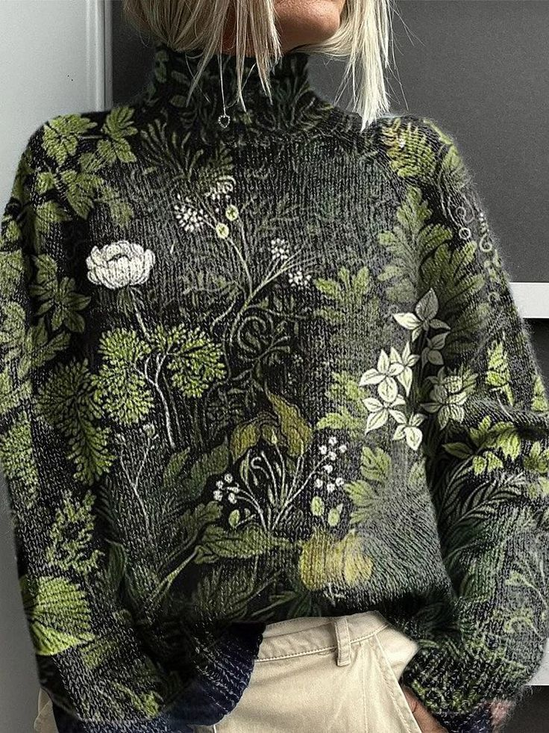 Women's Floral Print Casual Turtleneck Long Sleeve Sweater