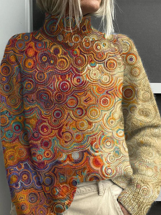 Women's Abstract Print Casual Turtleneck Long Sleeve Sweater