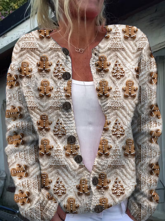Women's Christmas Print Crew Neck Button Cardigan