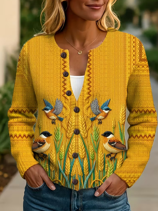 Women's Bird Print Crew Neck Button Cardigan