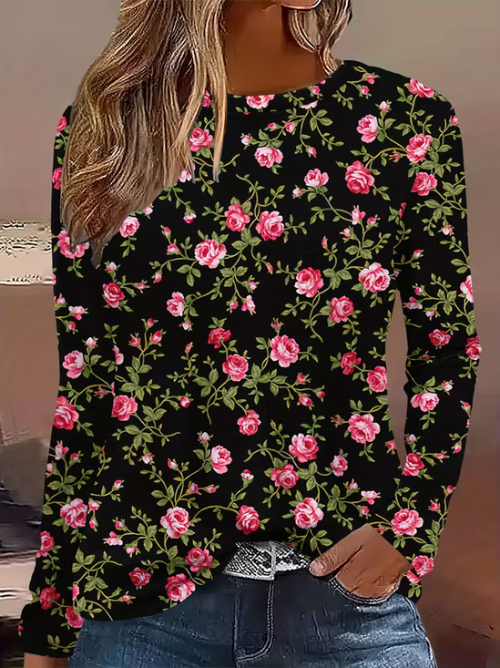 Women's Long Sleeve T-shirt Spring/Fall Black Floral Printing Jersey Crew Neck Daily Going Out Casual Top