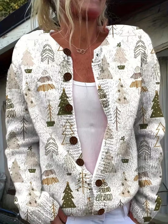Women's Christmas Print Crew Neck Button Cardigan