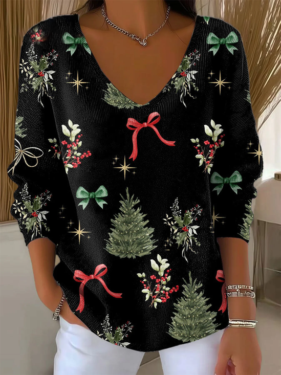Women's Long Sleeve T-shirt Spring/Fall Black Christmas Printing V Neck Daily Going Out Casual Top