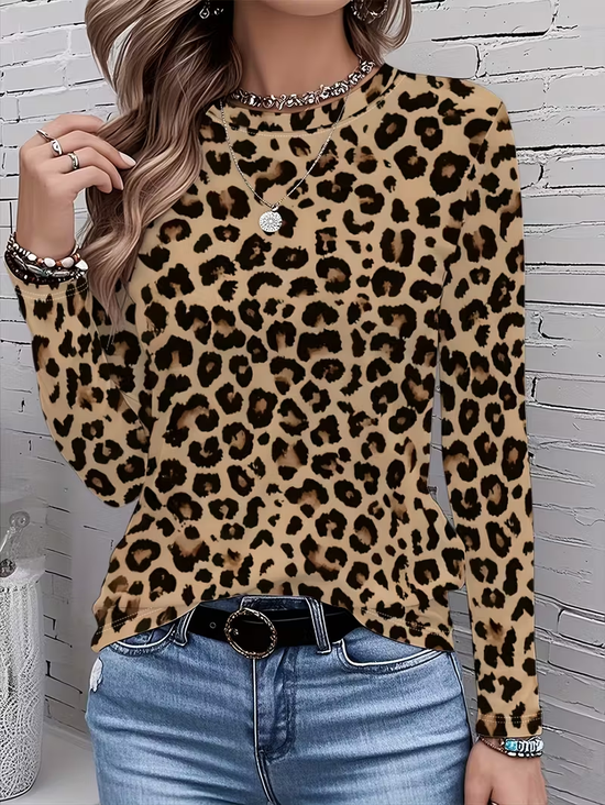 Women's Long Sleeve T-shirt Spring/Fall Camel Leopard Printing Jersey Crew Neck Daily Going Out Casual Top
