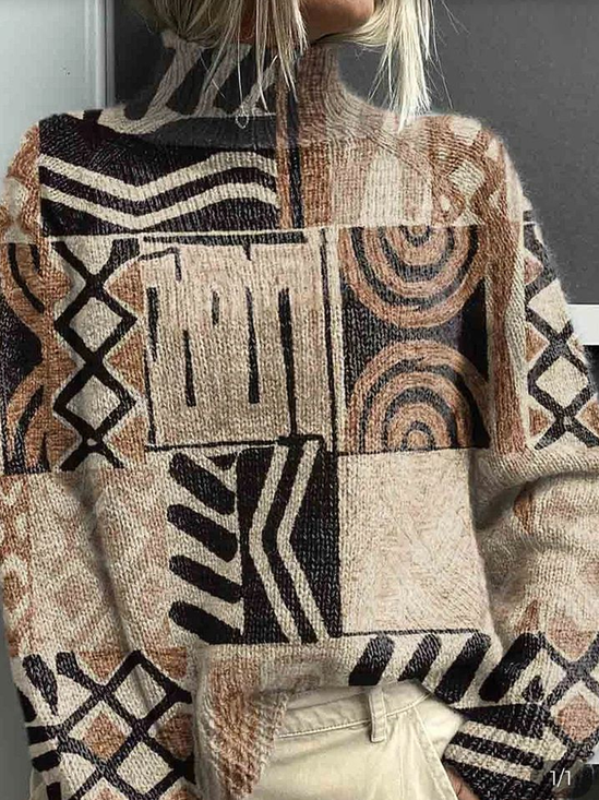Women's Abstract Geometric Print Casual Turtleneck Long Sleeve Sweater