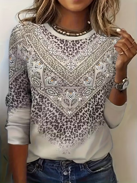 Women's Long Sleeve T-shirt Spring/Fall Khaki Abstract Printing Jersey Crew Neck Daily Going Out Casual Top