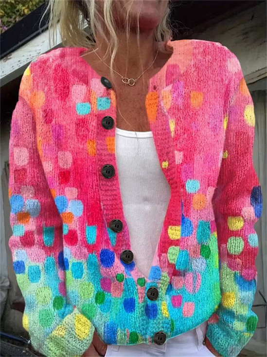 Women's Abstract Print Crew Neck Button Cardigan