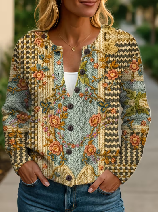 Women's Floral Print Crew Neck Button Cardigan