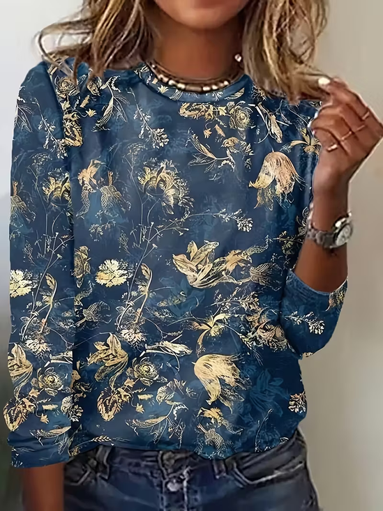 Women's Long Sleeve T-shirt Spring/Fall Blue Floral Printing Jersey Crew Neck Daily Going Out Casual Top