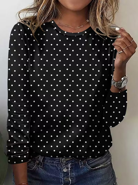 Women's Long Sleeve T-shirt Spring/Fall Black Polka Dots Printing Jersey Crew Neck Daily Going Out Casual Top