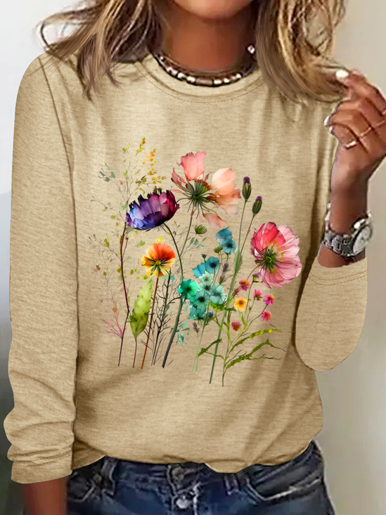 Women's Cotton Floral Print Crew Neck Sweatshirt Casual Long Sleeve Shirt