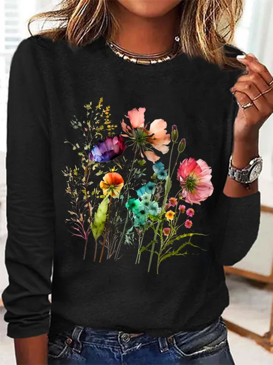 Women's Cotton Floral Print Crew Neck Sweatshirt Casual Long Sleeve Shirt
