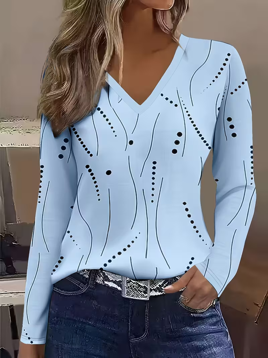 Women's Long Sleeve T-shirt Spring/Fall Blue Polka Dots Printing Jersey V Neck Daily Going Out Casual Top