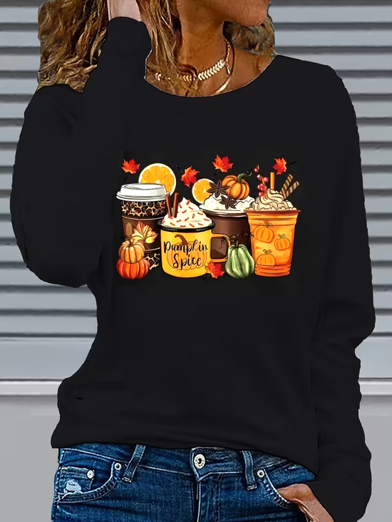 Women's Long Sleeve T-shirt Spring/Fall Black Halloween (pumpkin) Printing Jersey Crew Neck Daily Going Out Casual Top
