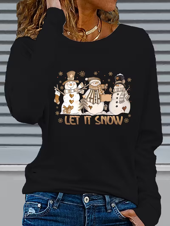 Women's Long Sleeve T-shirt Spring/Fall Black Christmas Snowman Printing Jersey Crew Neck Daily Going Out Casual Top