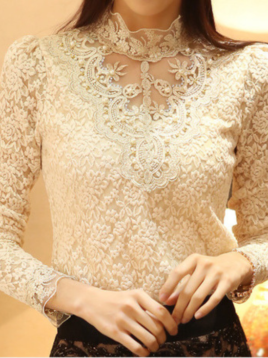 Women's Long Sleeve T-shirt Spring/Fall Apricot Floral Split Joint Cotton Stand Collar Daily Going Out Vintage Top