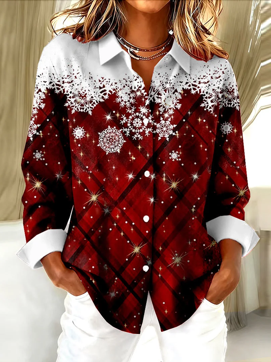 Women's Long Sleeve Shirt Spring/Fall Red Christmas Buckle Shirt Collar Regular Sleeve Daily Going Out Casual Top