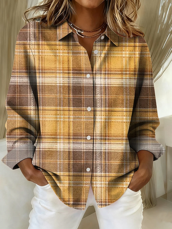 Women's Long Sleeve Shirt Spring/Fall As Picture Plaid Buckle Shirt Collar Regular Sleeve Daily Going Out Casual Top