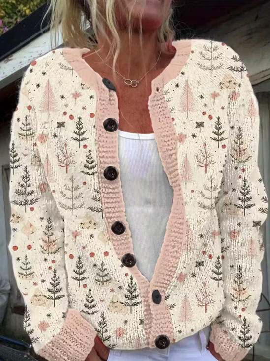 Printing Vintage Regular Fit Christmas Tree Cardigan