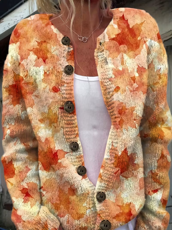 Printing Casual Crew Neck Maple Leaf Cardigan