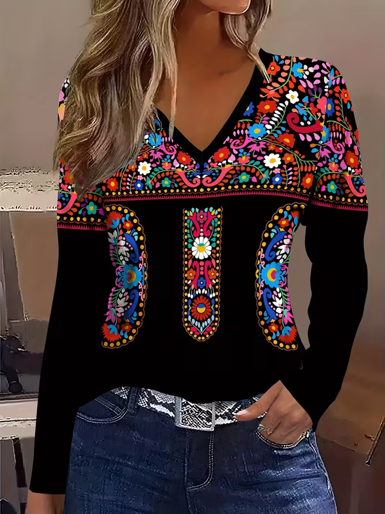 Women's Long Sleeve T-shirt Spring/Fall Black Ethnic Printing Jersey V Neck Daily Going Out Casual Top