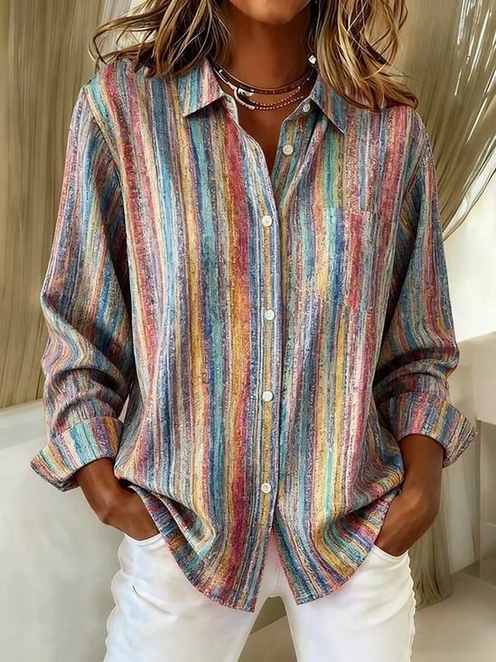 Women's Long Sleeve Shirt Spring/Fall As Picture Striped Buckle Shirt Collar Regular Sleeve Daily Going Out Casual Top