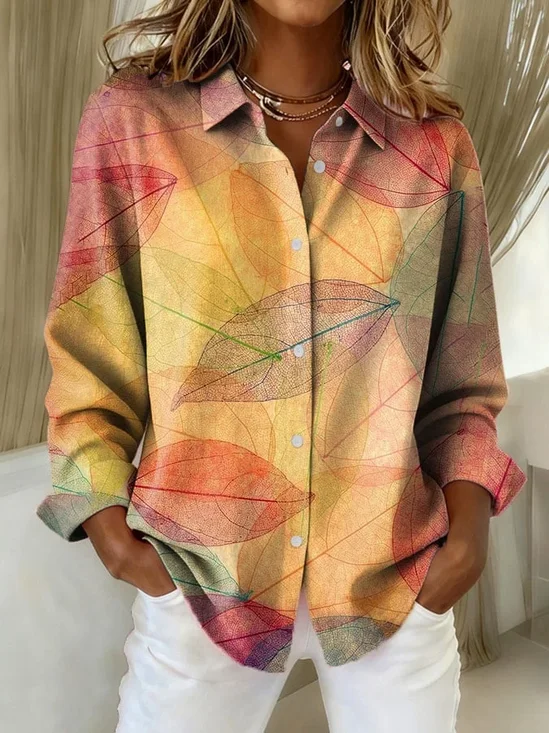 Women's Long Sleeve Shirt Spring/Fall Orange Leaf Buckle Shirt Collar Regular Sleeve Daily Going Out Casual Top