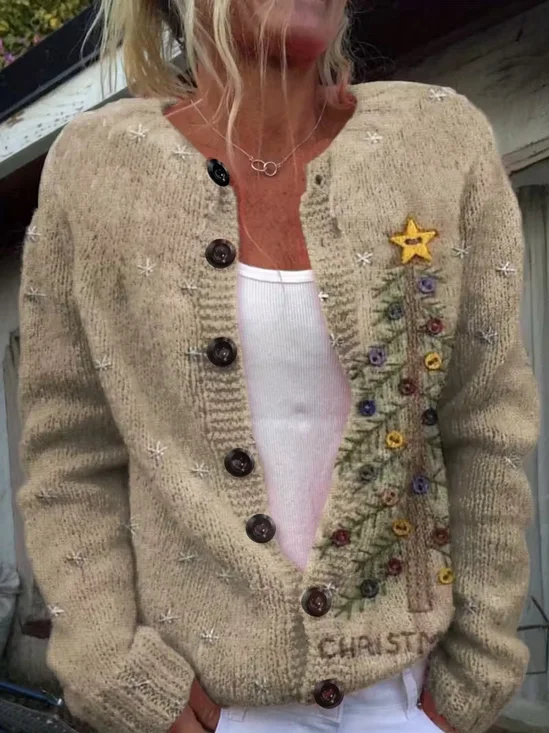 Printing Crew Neck Vintage Christmas Cardigan