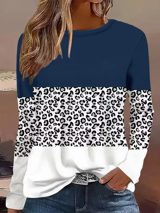 Women's Long Sleeve T-shirt Spring/Fall As Picture Leopard Printing Jersey Crew Neck Daily Going Out Casual Top