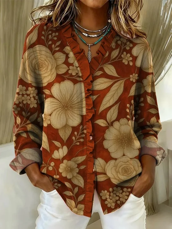 Floral Loose Casual Lace Collar Shirt