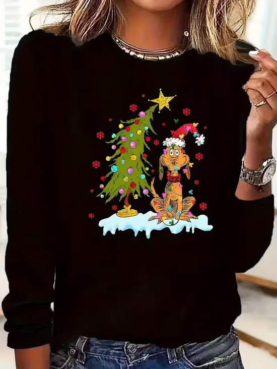 Women's Long Sleeve T-shirt Spring/Fall Black Christmas Printing Jersey Crew Neck Daily Going Out Casual Top