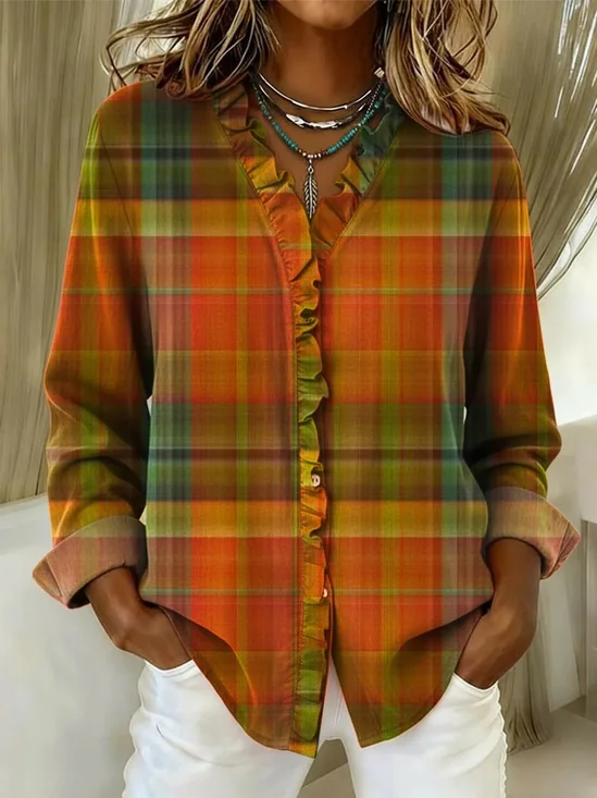 Lace Collar Loose Plaid Vintage Shirt
