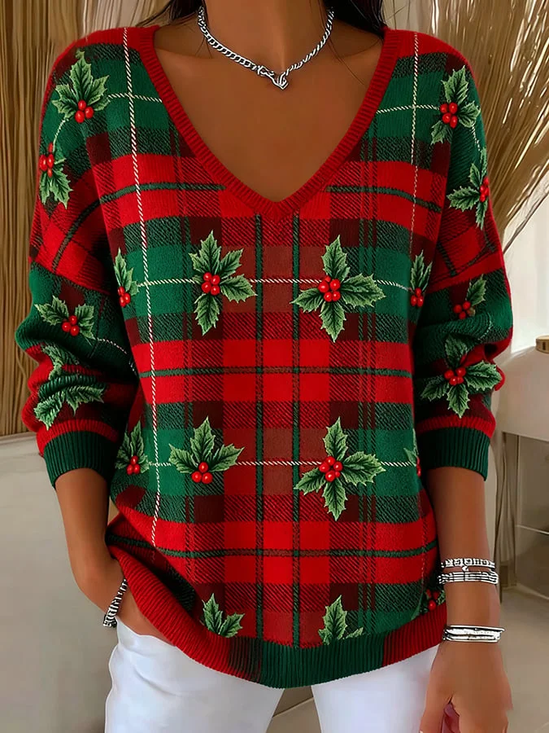 Women's Long Sleeve T-shirt Spring/Fall Red Christmas Printing V Neck Daily Going Out Casual Top