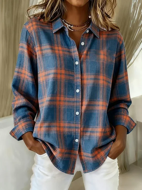 Women's Long Sleeve Shirt Spring/Fall Blue Plaid Buckle Shirt Collar Regular Sleeve Daily Going Out Casual Top