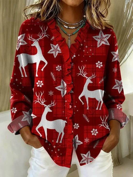 Simple Lace Collar Christmas Elk Shirt
