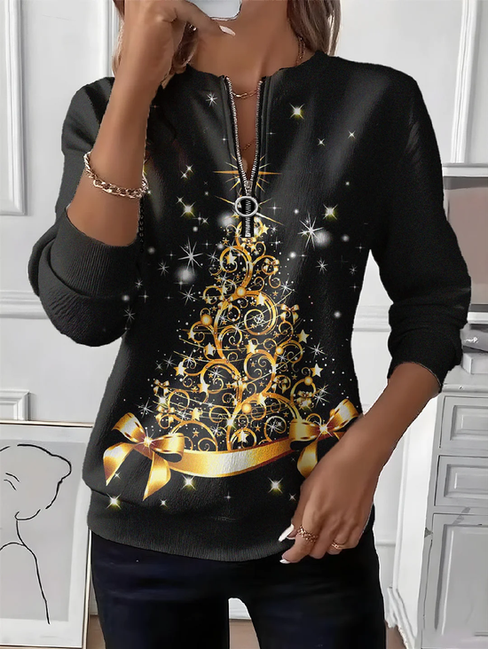 Women's Christmas Print Casual Zip-Up Long Sleeve Sweatshirt