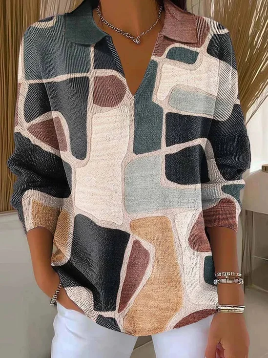 Casual V Neck Loose Abstract Sweater