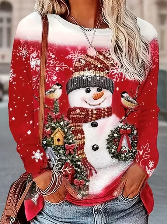 Women's Long Sleeve T-shirt Spring/Fall Red Christmas Printing Jersey Crew Neck Daily Going Out Casual Top