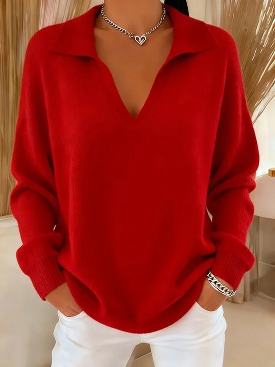 Plain Casual Loose V Neck Sweater