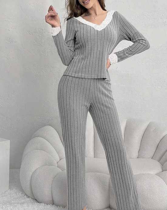 Regular Fit V Neck Simple Plain Two-Piece Set