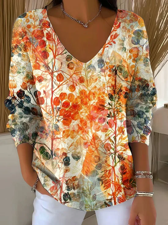 Women's Long Sleeve T-shirt Spring/Fall Orange Floral Printing V Neck Daily Going Out Casual Top